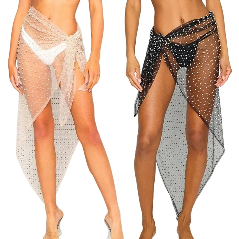 Sexy Lace Up Mini Skirt for Women See Through Mesh Skirt Bling-Swimsuit Cover Up