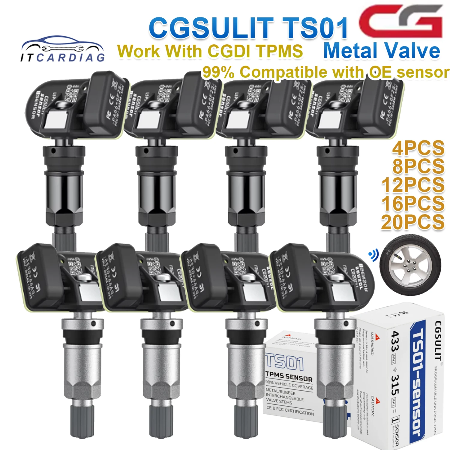 

CGDI CGSULIT TS01 Sensor 2in1 Work with CGDI TPMS90 315/433mhz Metal Sensor Replacement Valves Car Tire Pressure Monitoring Tool