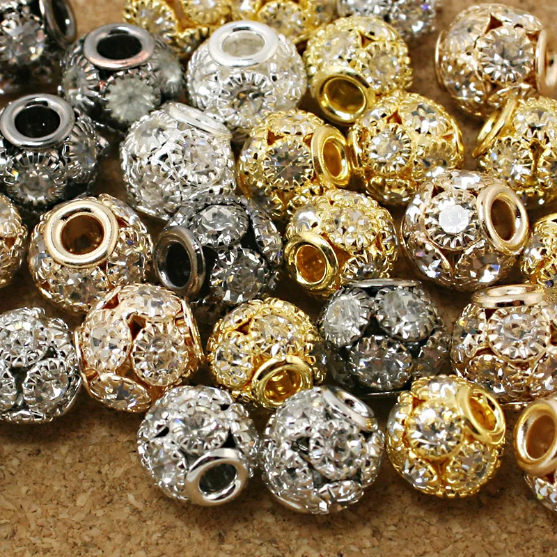 8*9mm 4pcs/lot Round Pave Disco Ball Rose Gold Rhinestone Pearl Rhinestone Crystal Spacer Beads for DIY Jewelry Making Findings