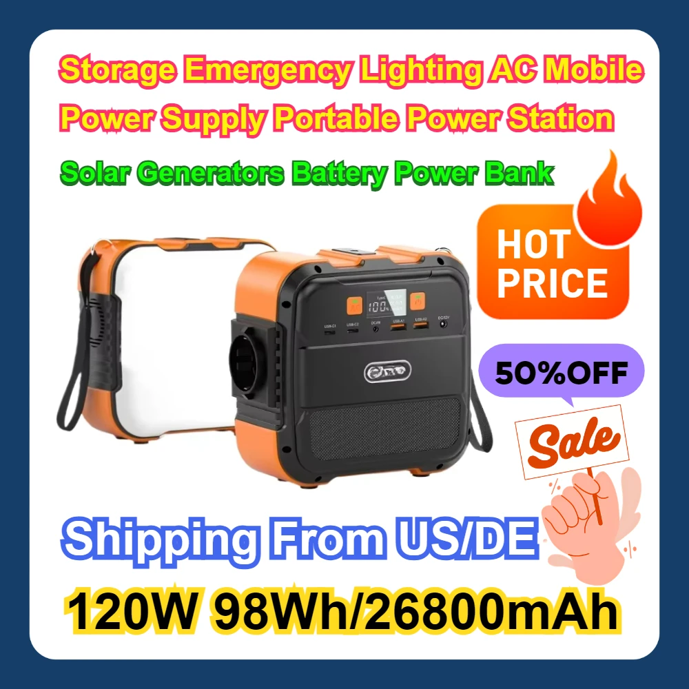 

Storage Emergency Lighting AC Mobile Power Supply Portable Power Station 98Wh/26800mAh Solar Generators 120W Battery Power Bank