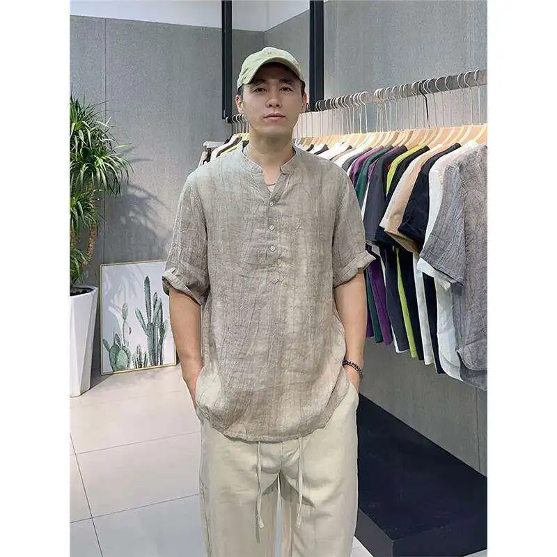 

New Summer Linen Shirt Loose V-Neck Short Sleeve Five-Quarter Sleeve Men's Retro Chinese Style Cleanfit Citywalk Thin Material