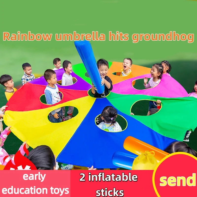 Colorful Rainbow Mole Striking Game Parachute Multi-person Cooperative Toy Kids Outdoor Classroom Sports Activity Present Kit