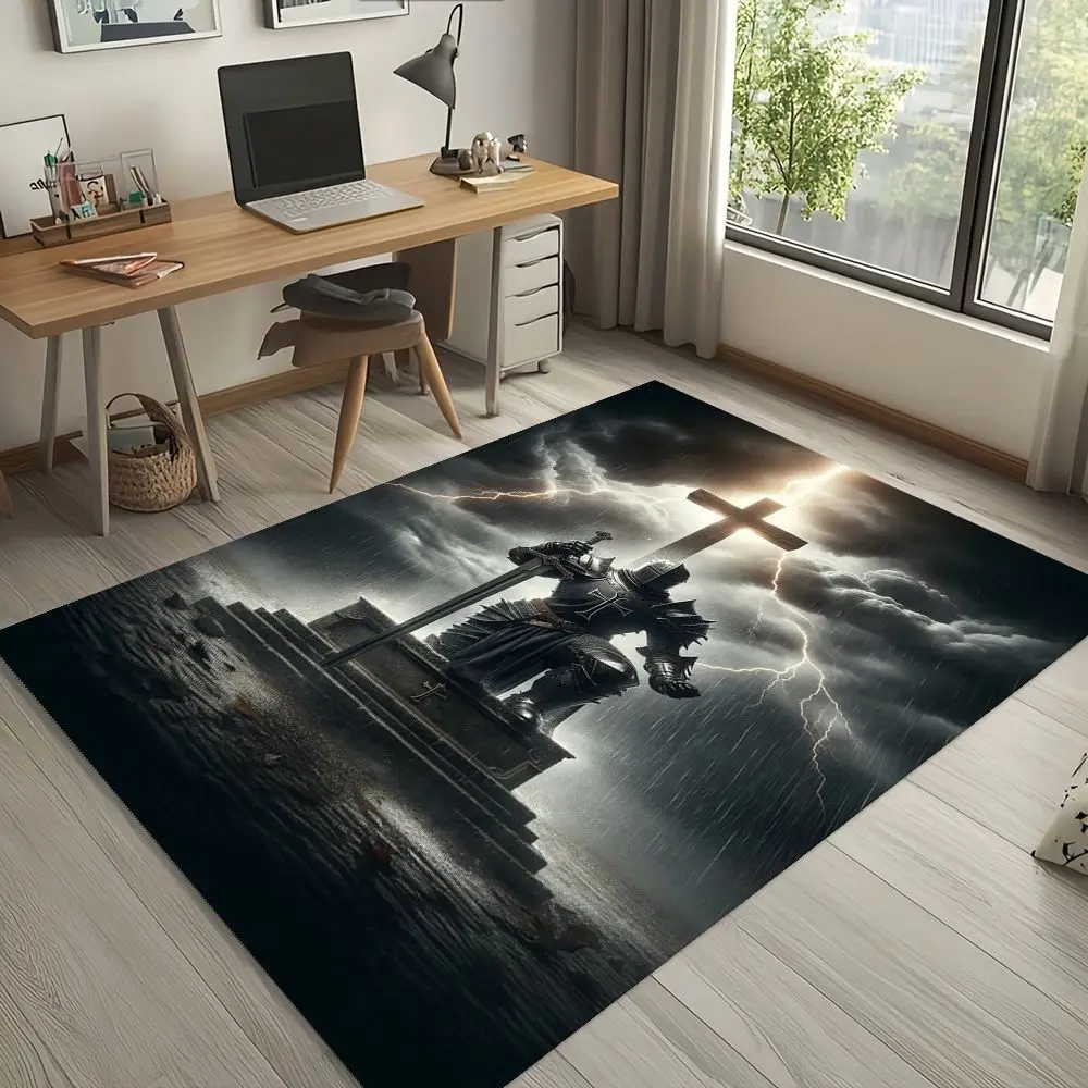 1pc Templar‑Knight‑Cross Print Area Rug, Washable Durable Floor Mat for Entryway, Office, Living Room, Bedroom, Gaming Area