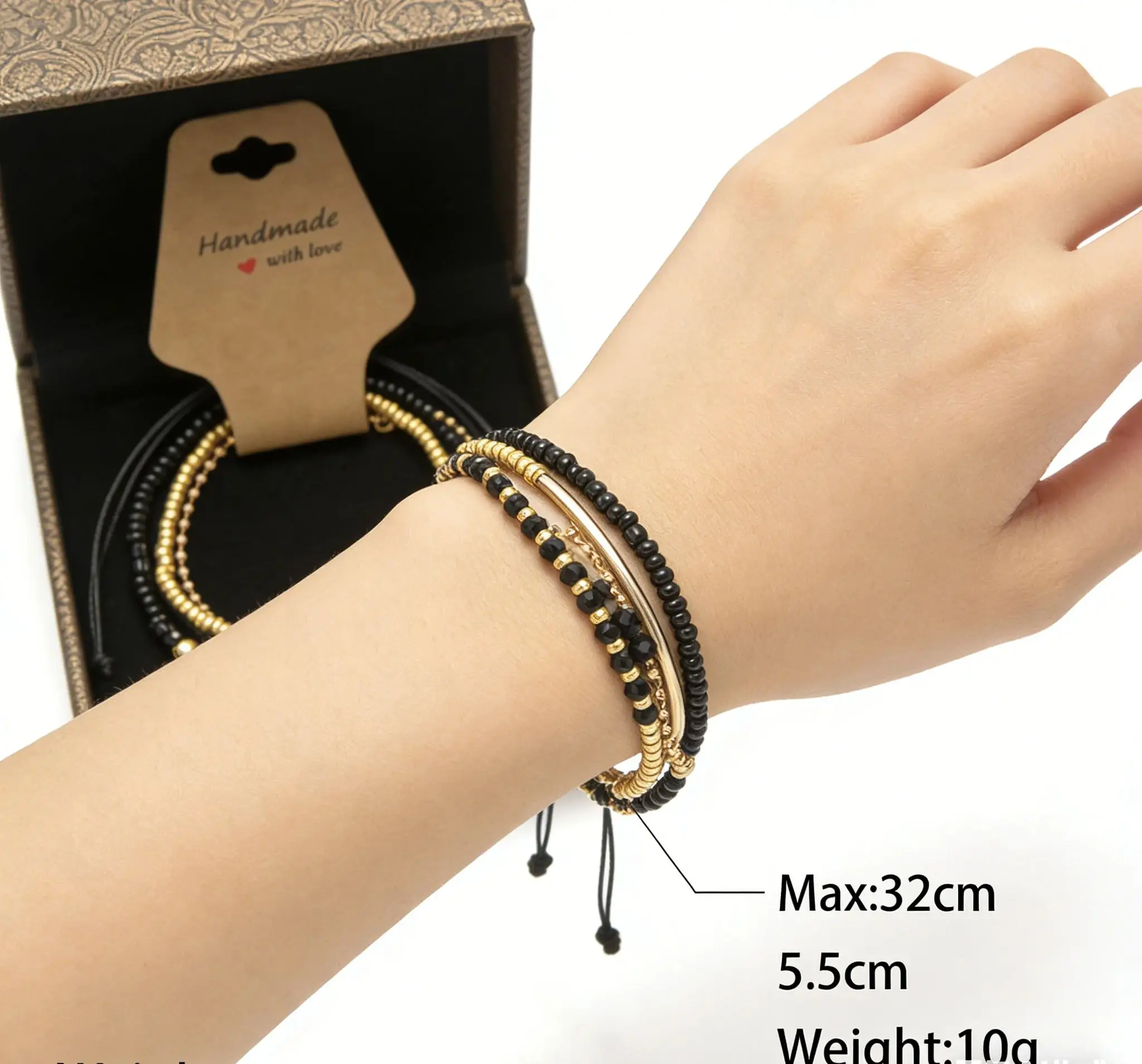 

Handmade Black Glass Stone Bracelet Set For Women Bohemian Multilayer Stacked Rice Beaded Link Chain Bangle Fashion Jewelry