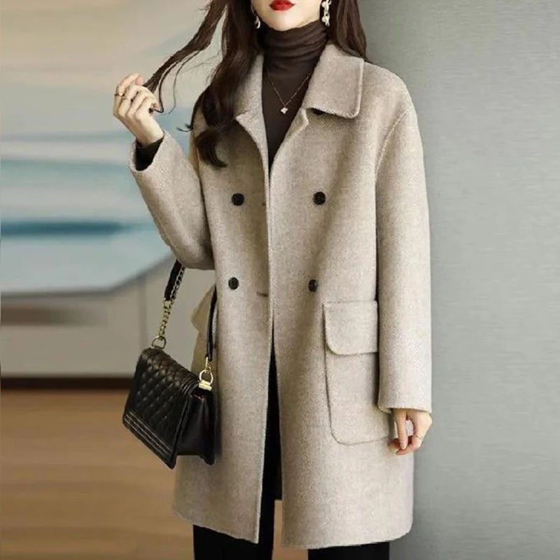 Womens Winter Overcoat Middle-Long Lapel Collar Woolen Coat Outerwear Warm Lady Overcoats Button Down - Image 3