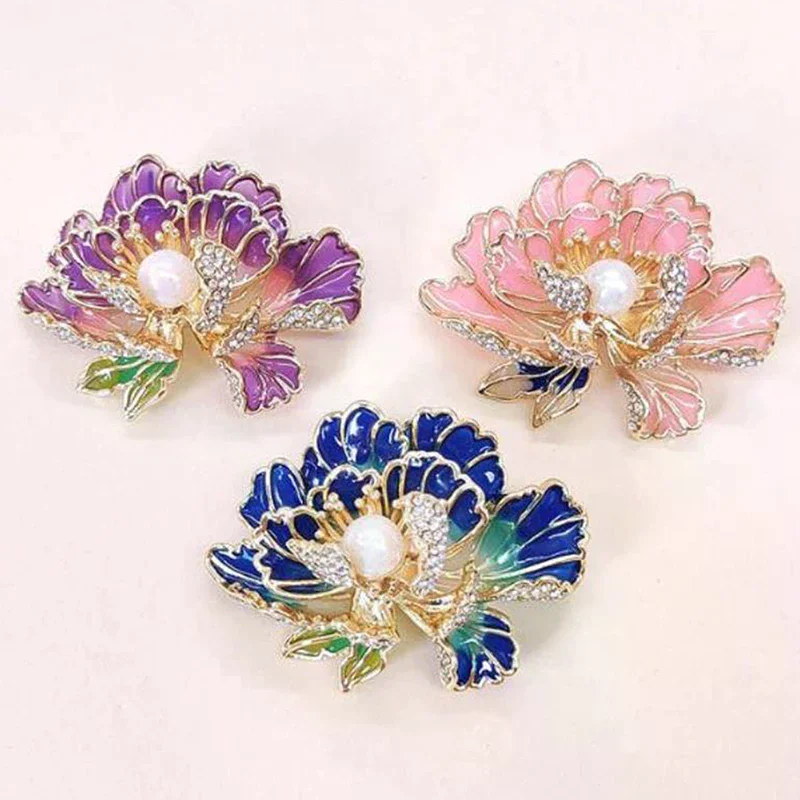 3Colors Fashion Chinese Style Enamel Peony Flower Brooches For Women Clothing Coat Party Accessries Gifts