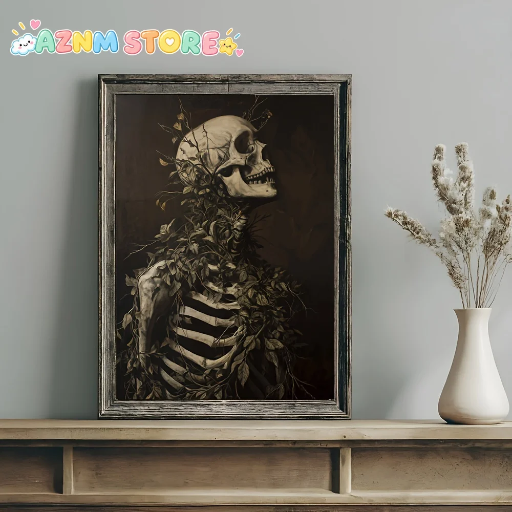 2027 1pc  1pc of Vintage Botanical Skeleton Skull Poster - Art Deco Classic Retro Gothic Dark Academia Canvas Art Print Suita