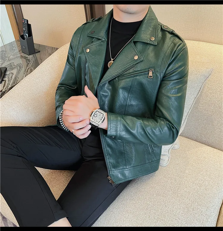 Men Autumn Winter PU Leather Motorcycle Jacket Turn Down Collar Vintage Big Size XJ877