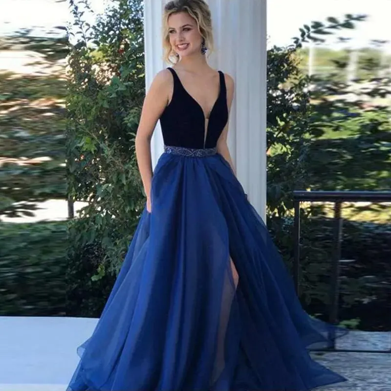 Robe de soirée trapèze à col en V avec ceintures perlées, robe bleue, robe de graduation haute fente, robe de Rhélégante, robe de soirée, 2019