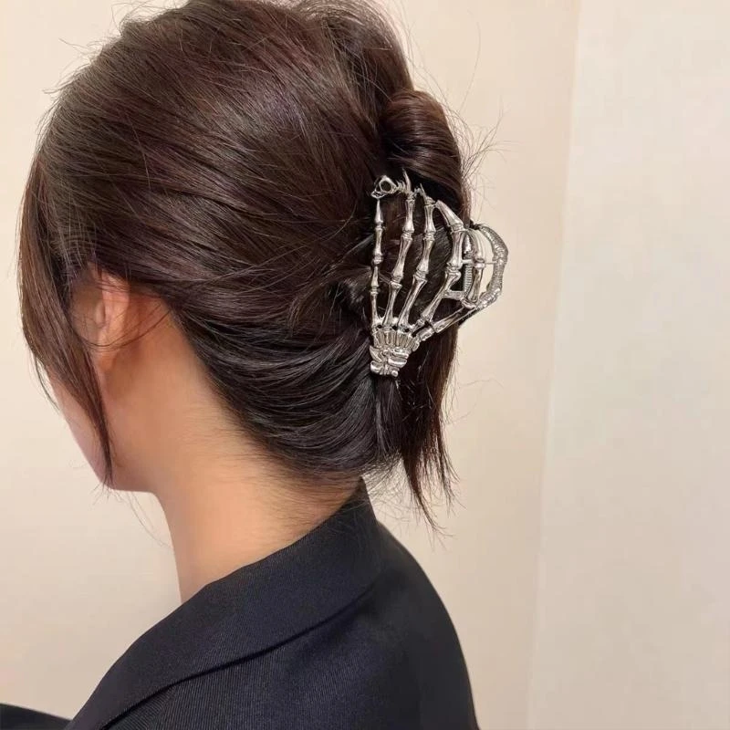 Hair Claw Clip Gothic Skull Claw Hair Clamps Punk Scary Ponytail Holder Catch Barrette Strong Hold Skeleton Hand