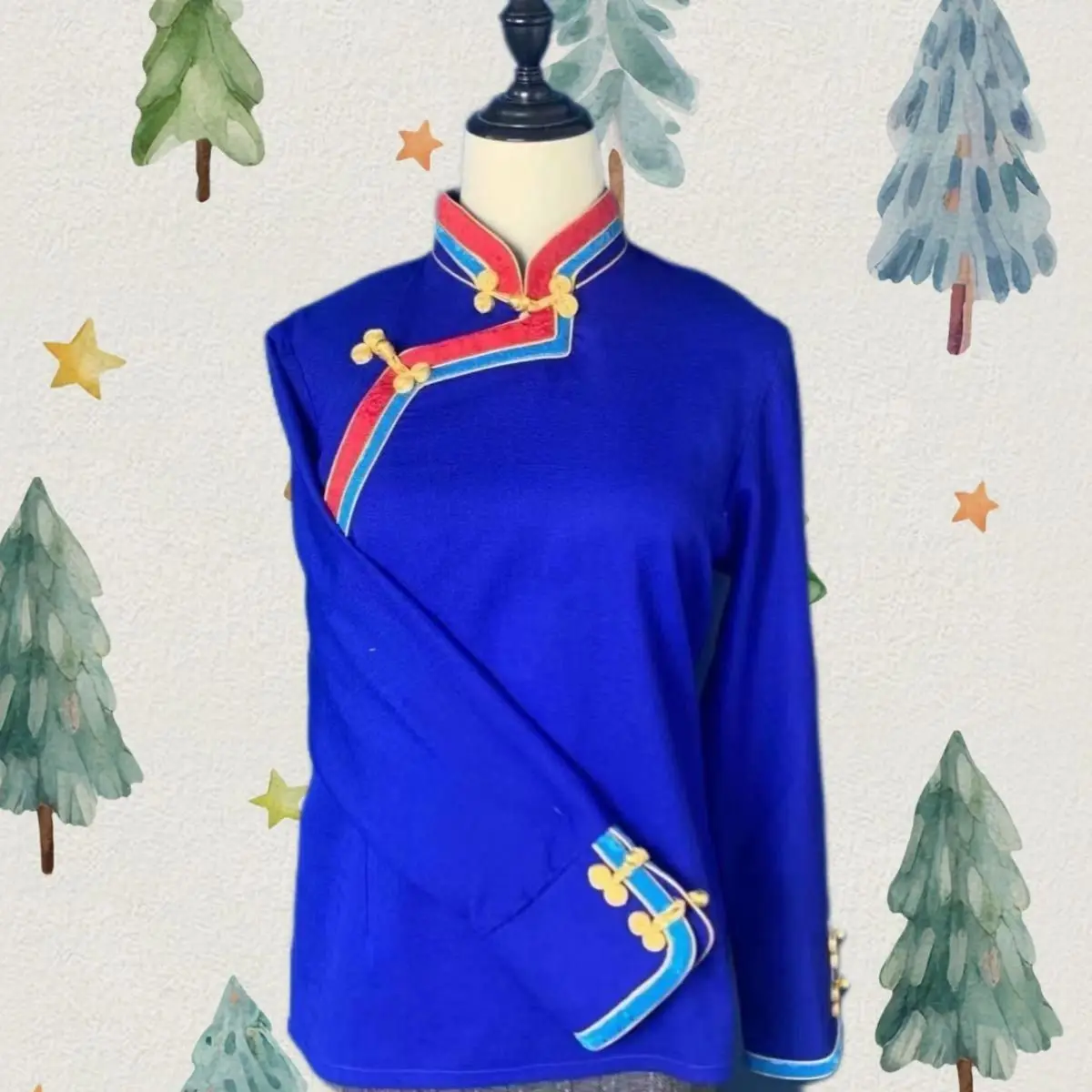 

2026 Тибетская этническая одежда, новая женская красно-синяя рубашка в двойную полоску высокого класса выглядит тонким.