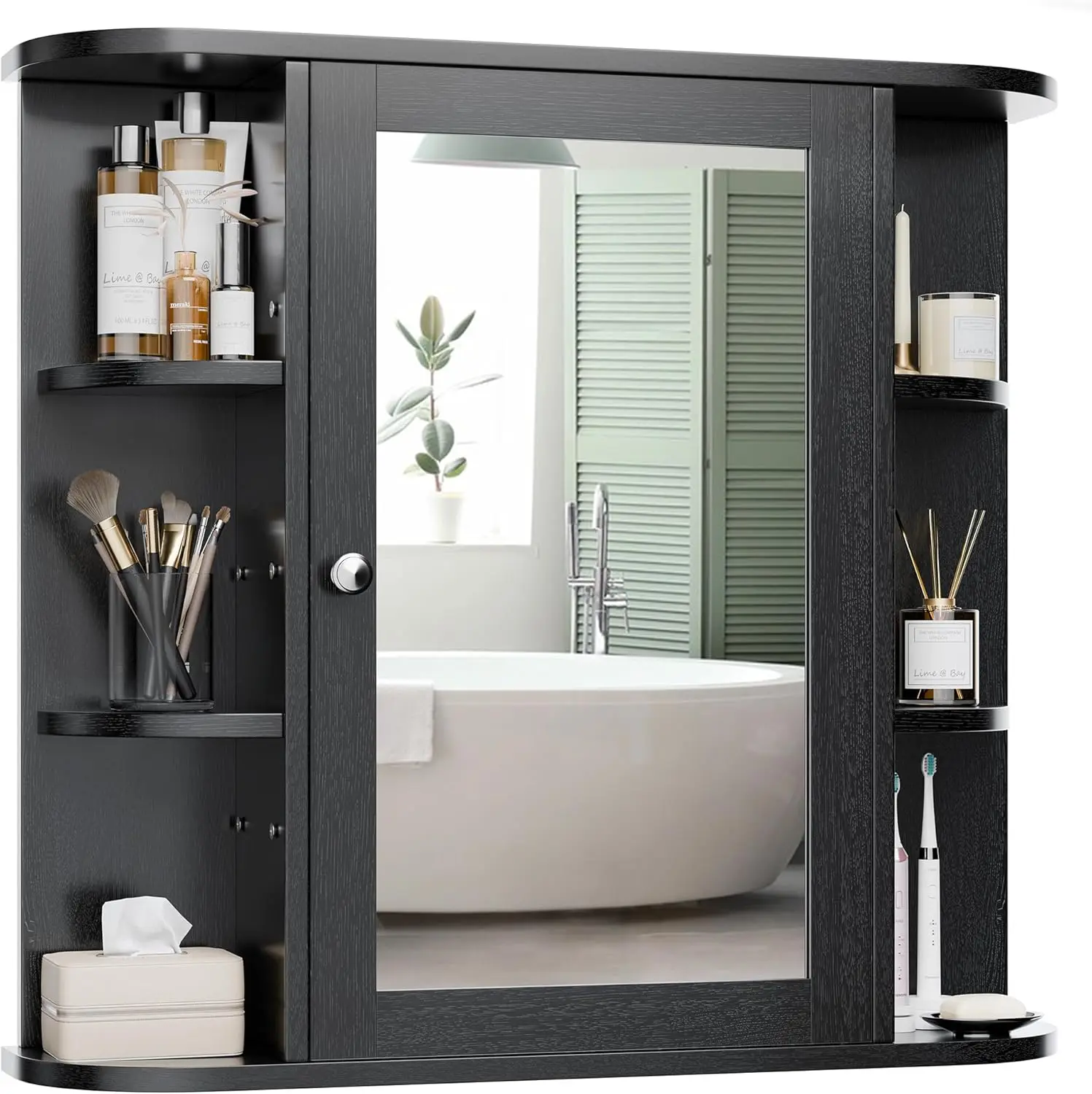 

Modern Wall Mounted Bathroom Mirror Cabinet with 6 Open Shelves, Grey, 26x5.9x24.4 Inches