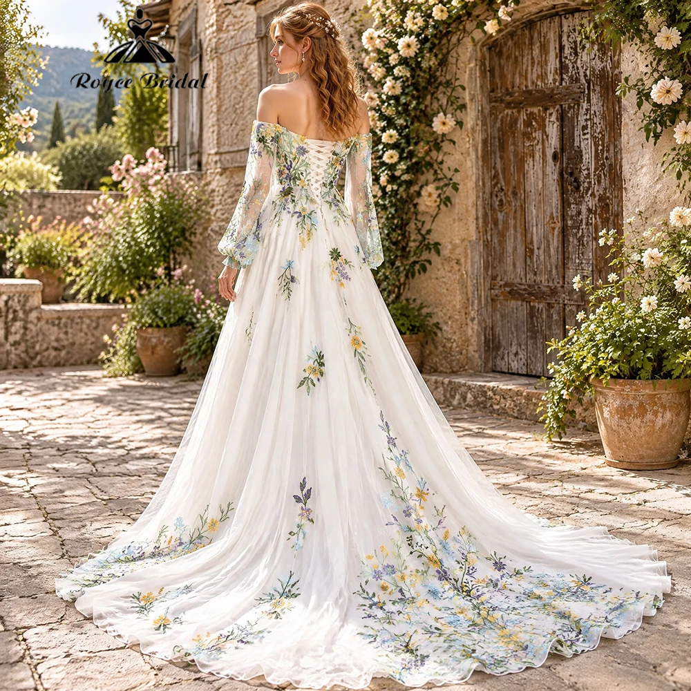 Roycebridal Appliques A Line Wedding Dresses 2027 Colorful Embroidery Off The Shoulder Bridal Gown Customized Vestido De Novia