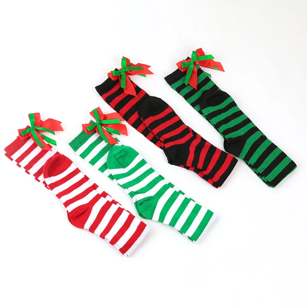 Bow Christmas Long Socks Overknee Socks Ladies Striped Socks High Socks Women Holiday Christmas Striped Stockings