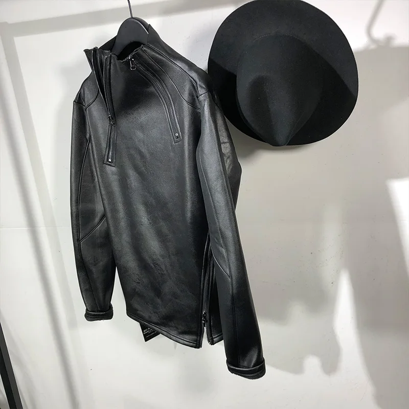 

Trendy Men's Dark Personality Stand Collar Zipper Decorations Brushed Hoody Japanese Street Style Irregular Top