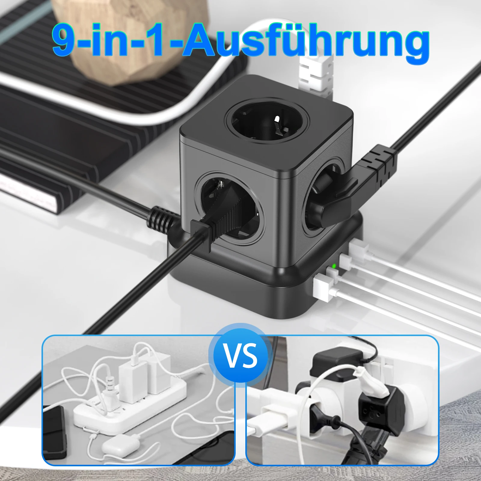 European Desktop Power Strip Tower Fast Charging Station with 2 USB-C 2 USB-A, Power Socket Surge Protector with 1.8m Cable