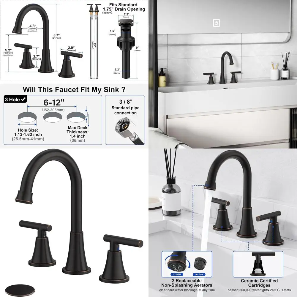 

3-Hole Oil Rubbed Bronze Sink Faucet with Pull-Out Drain and Stainless Steel Lead-Free Widespread Faucet for Bathroom Vanity