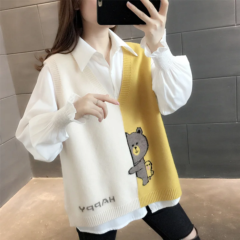 

AYUNSUE 2022 Spring Autumn New Loose Knitted Sweater Vest Women V-Neck Sleeveless Casual Cartoon Suits Female Pullover Gxy1373