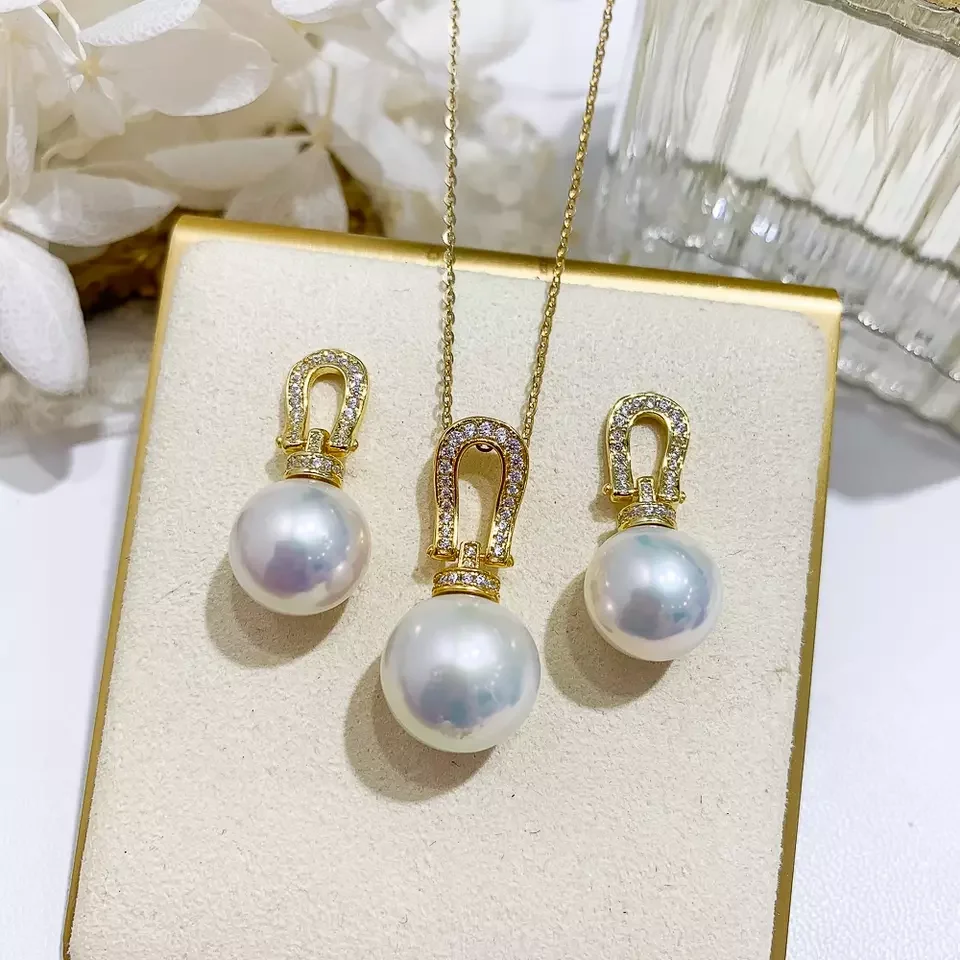 

Gorgeous AAAA 10-11mm south sea White ROUND pearl pendant earrings set 925s
