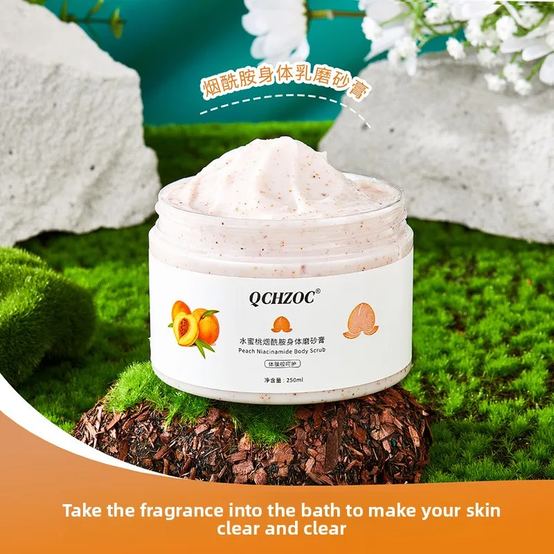 

Скраб для тела с ароматом персика Ниацинамид Глубокое очищение Осветляет кожу Увлажняющий отшелушивающий крем с текстурой мороженого