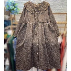 Vintage Cottage Core Winter Floral Cotton Warm Plus Fleece Long Midi Dress Women Retro Chic Ruffled Lace Victorian Brown Dress