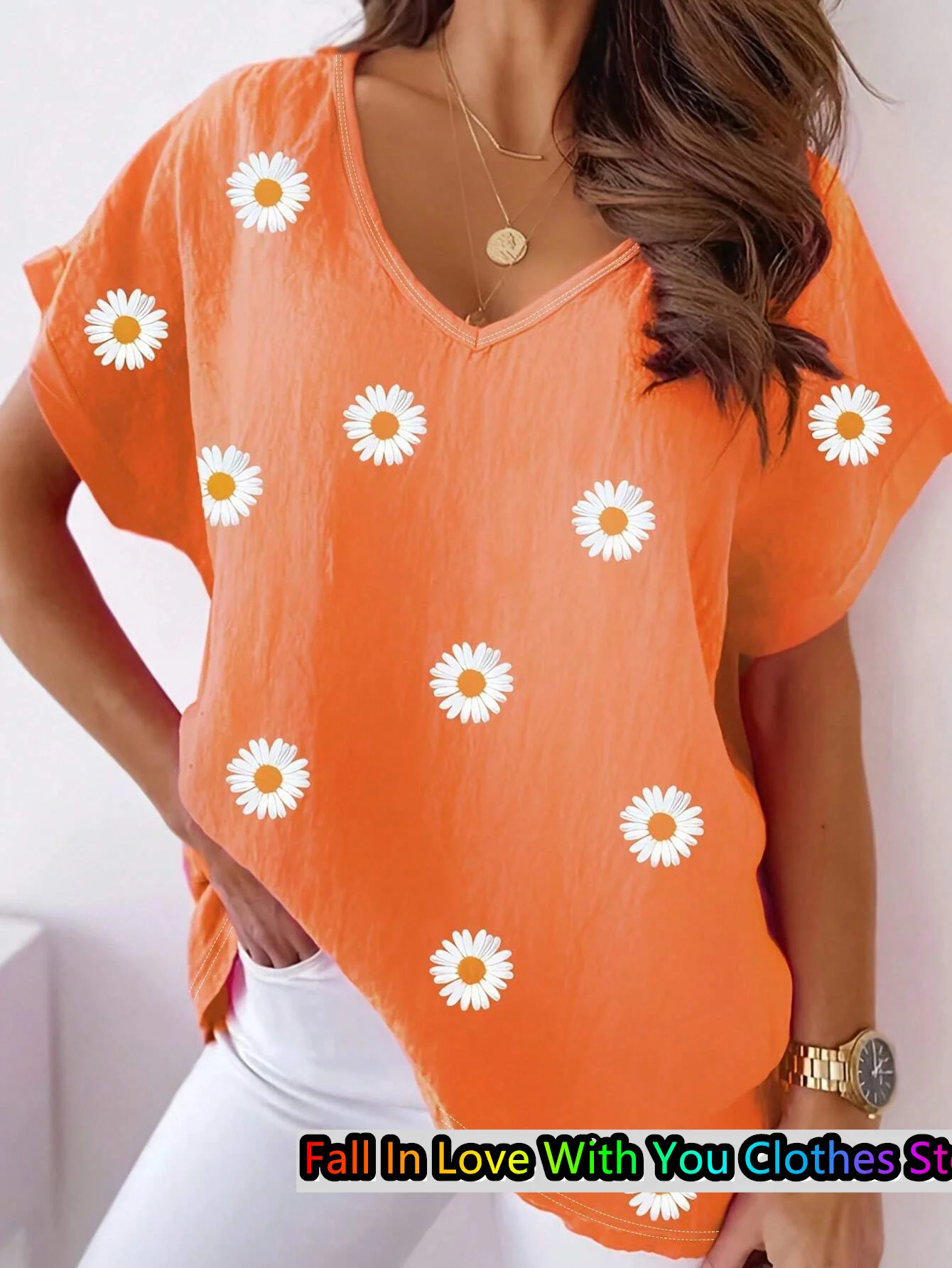 

Daisy Printed Women's Tshirt Casual V-Neck Short Sleeve TShirt Summer Fashion Casual Loose Oversized Tops Daily Women Clothing