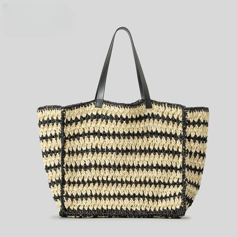 Summer Large Capacity Seaside Beach Bag Fashion Hand Woven Striped Straw Bag Color Contrast Crochet Female  Vacation Shopper Bag