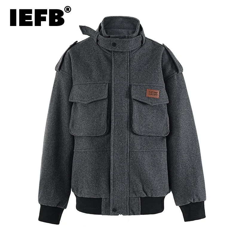 IEFB Woolen Men's Cotton Coats Stand Collar Solid Color Causal Big Pockets Loose Thickened Male Padded Jackets Winter CPG2533