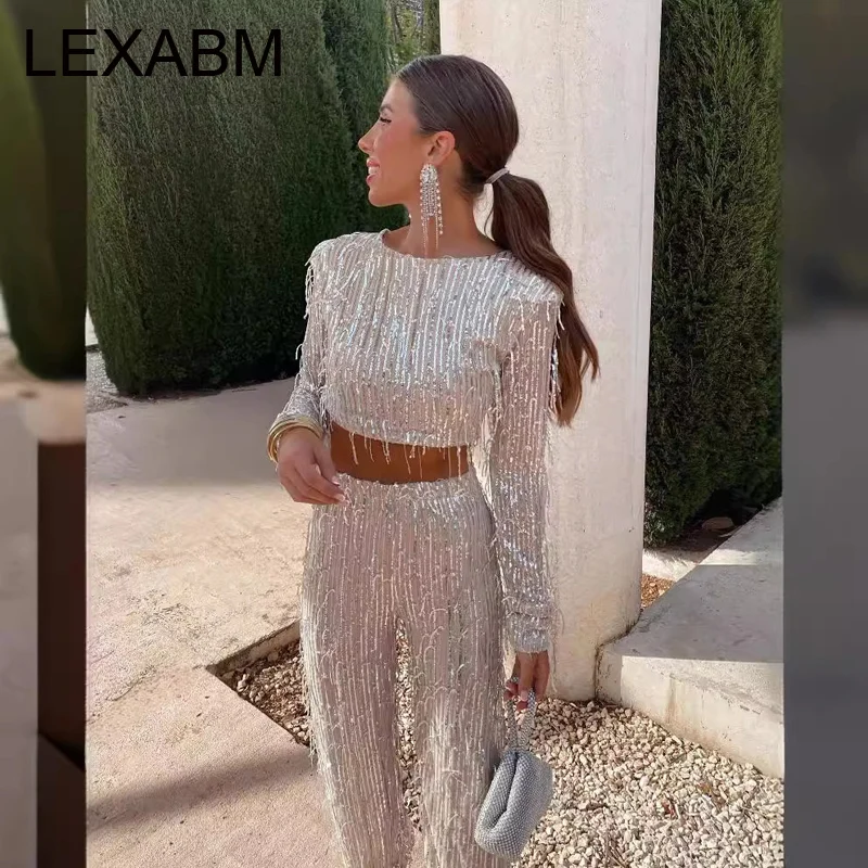 

Широкие брюки с блестками и кисточками, комплекты из 2 предметов Woma, укороченный топ с круглым вырезом и длинными рукавами, одинаковые комплекты Vestidos для ночного клуба