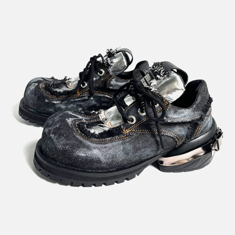 Unisex Distressed Denim Frayed Edge Chunky Sole Shoes Metal Buckle Punk Style Lace Up Casual Streetwear Footwear Drop Shipping