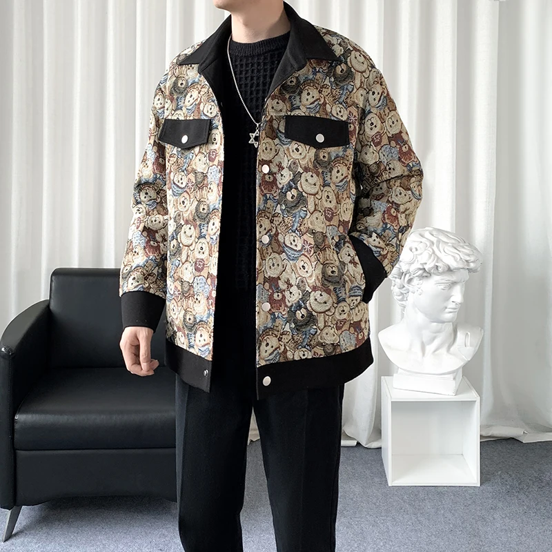 Colorful patterns jacket autumn Men's thick Flip collar Fashion Single breasted short jacket Men Windbreaker Casual jackets