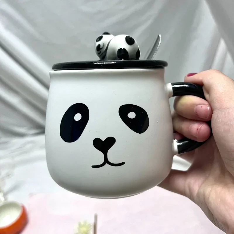 Creative Hand-painted Panda Ceramic Cup Heat-resistant Cute Cartoon Breakfast Mug with Lid Spoon Couple\'s Birthday Gift