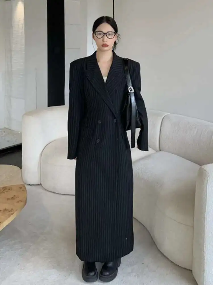 BJTZ herfst en winter hoogwaardig verticaal gestreept windjack met dubbele rij knopen in de taille, zwart slim fit damesjack