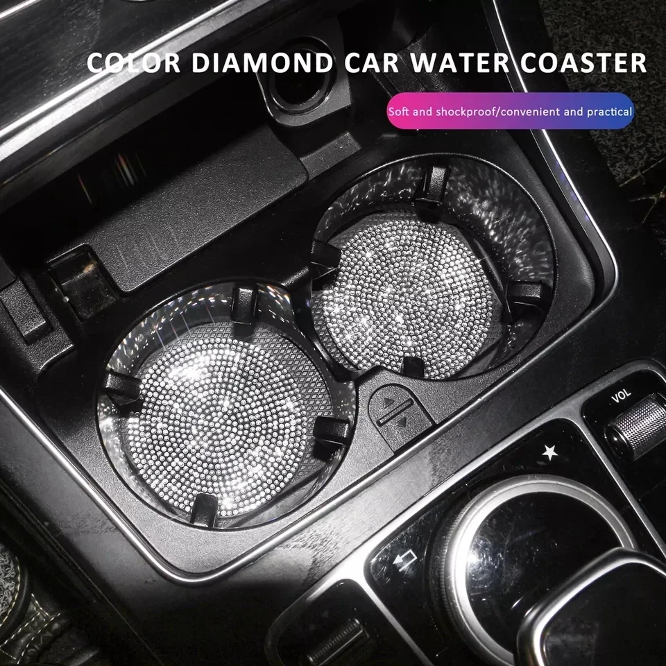 2Pcs Crystal Diamond Car Coaster Water Cup Slot Non-Slip Mat Silica Pad Cup Holder Mat Shiny Auto Interior Decor Accessories