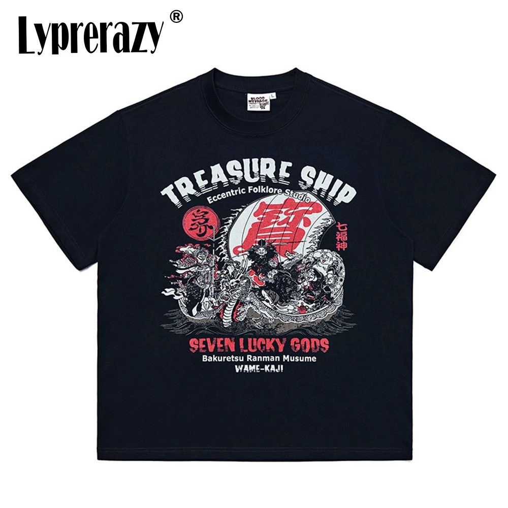 Lyprerazy Men's Short Sleeve T-shirt Japanese Personality Streetwear Lucky God Printed Trendy Brand T-shirt