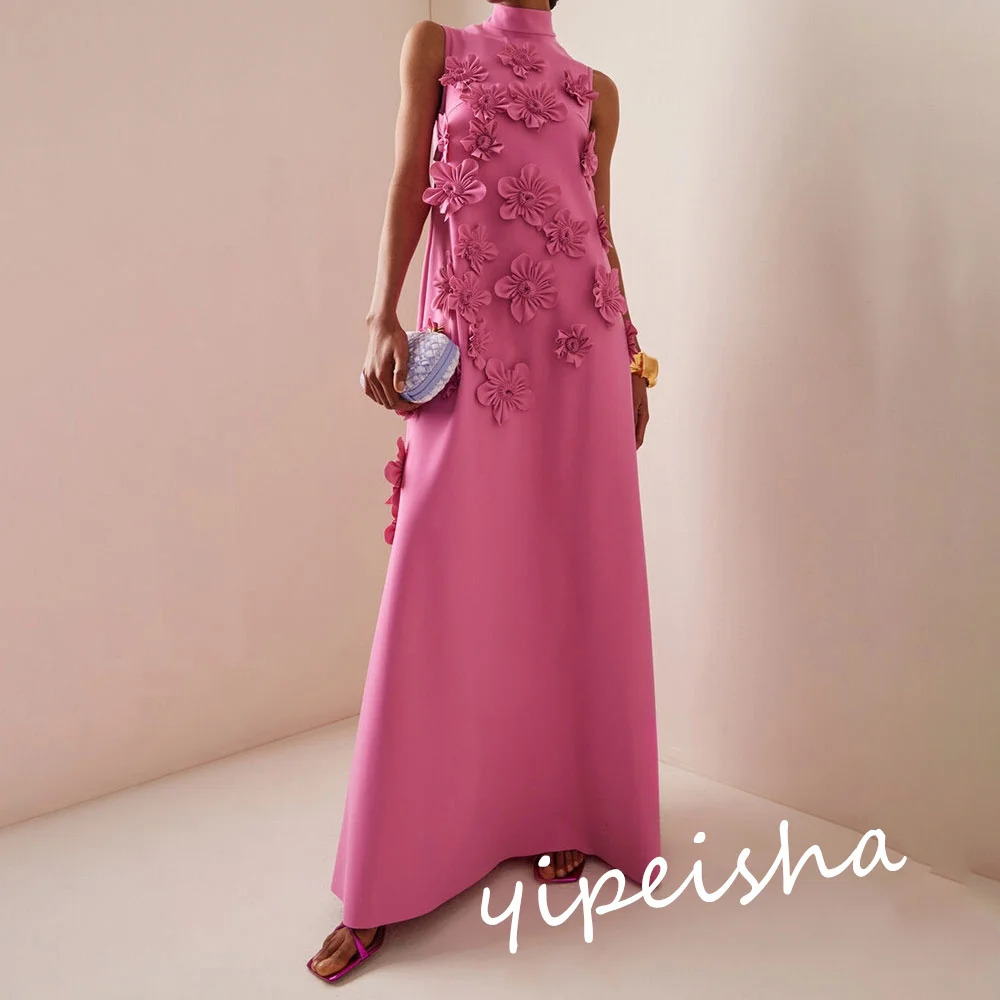 Jiayigong gaun acara Prom bunga Satin Quinceanera A-line kerah tinggi Bespoke gaun panjang