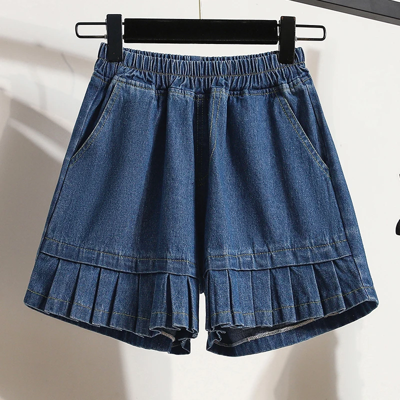 Summer Fashion Korean Wide Leg Pleated Denim Jeans Wear Elastic Waist Shorts Women High Waist Short Pants Female With Pockets