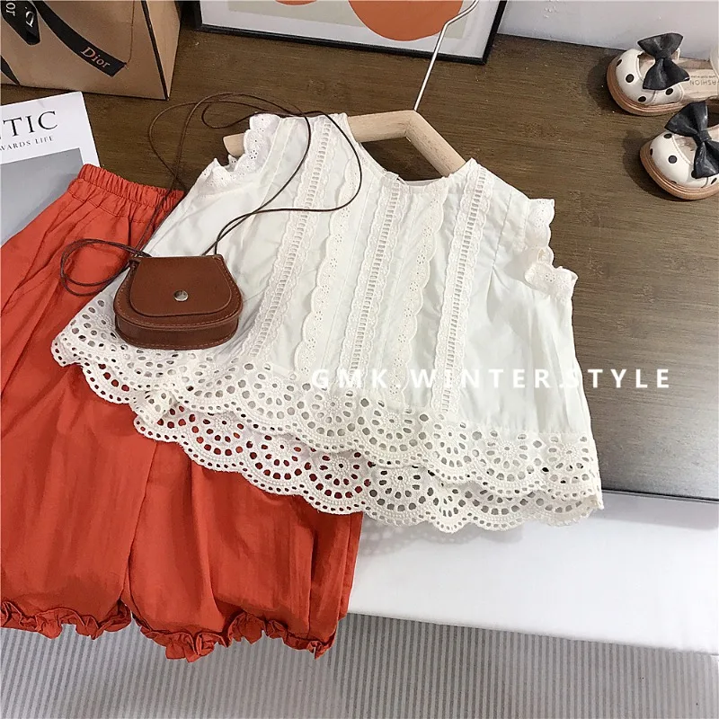 Girls Set Summer New Style Childrens Sleeveless Lace Shirt Wide Leg Pants Baby Two Piece Set Foreign