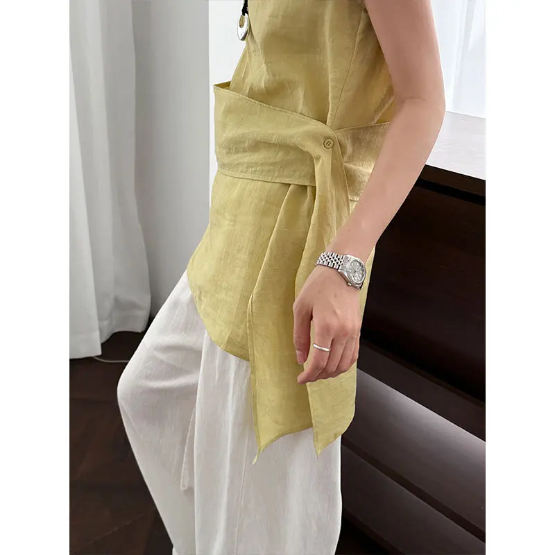 Camicia con cinturino in vita senza maniche dal temperamento coreano Camicia estiva da donna nuova in ramie traspirante