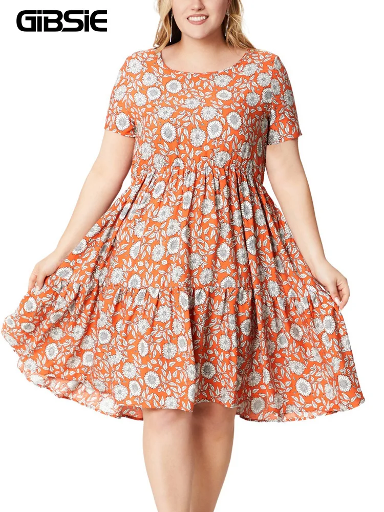 GIBSIE Plus Size Round Neck Short-sleeved Printed Dress 2024 New Women Summer Holiday Beach Casual Ruffle Hem Loose Midi Dresses