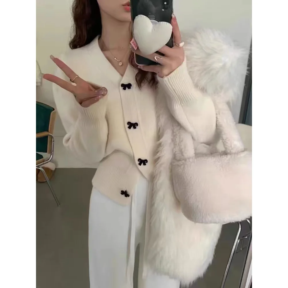 

Белый вязаный кардиган с V-образным вырезом для женщин, весенний свитер-жакет свободного кроя, ультратонкая внутренняя одежда