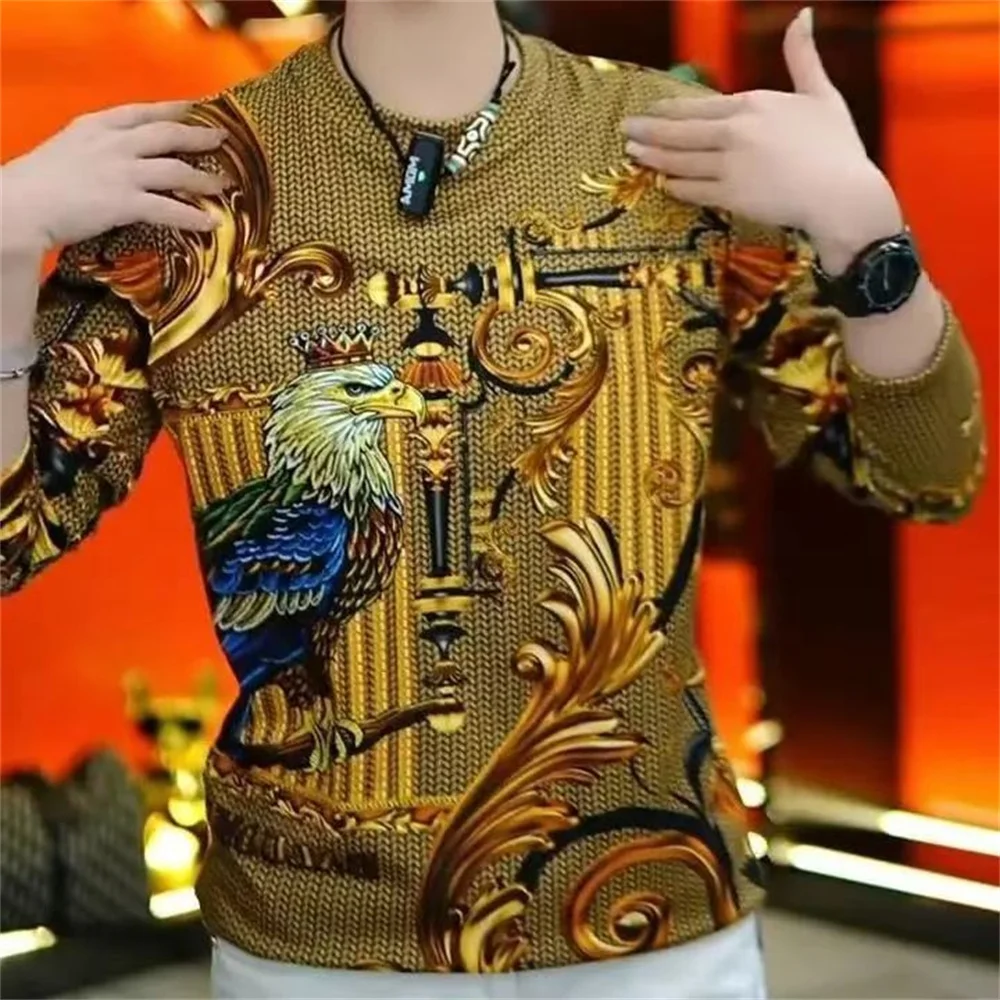 Men Luxury Eagle Print Long Sleeve T-shirt, Autumn Winter Round Neck Slim Fit Baroque Pattern Vintage Casual Tee Shirt