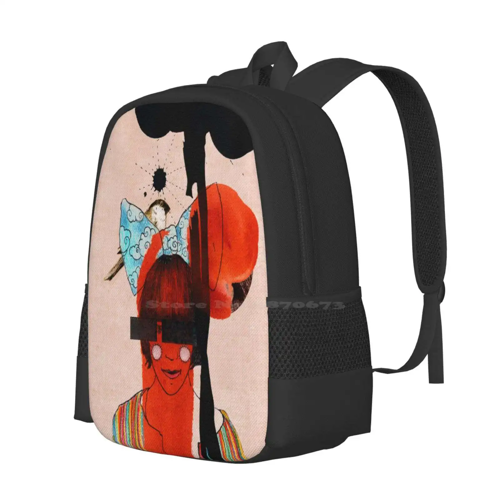 Girl With One Eye School Bags Travel Laptop Backpack Woman Collage Randi Antonsen Girl Bird Ink Colors Red Black Bow