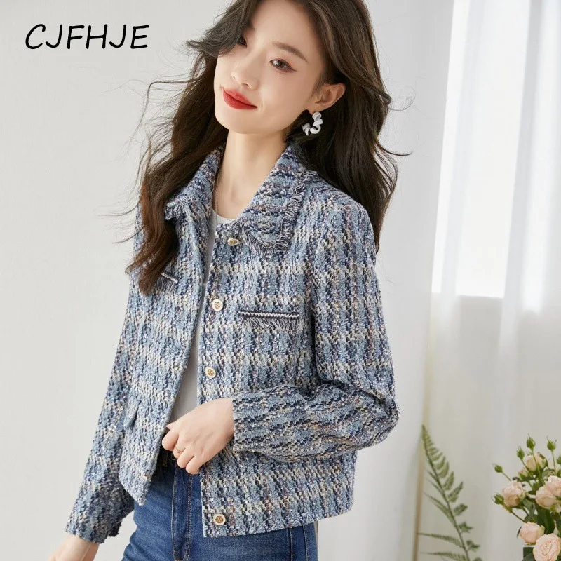 CJFHJE New Fashion Straight Tube Tweed Short Coat Women\'s Long Sleeve Jackets Classic Elegant Lapel Lady Coat Autumn Winter