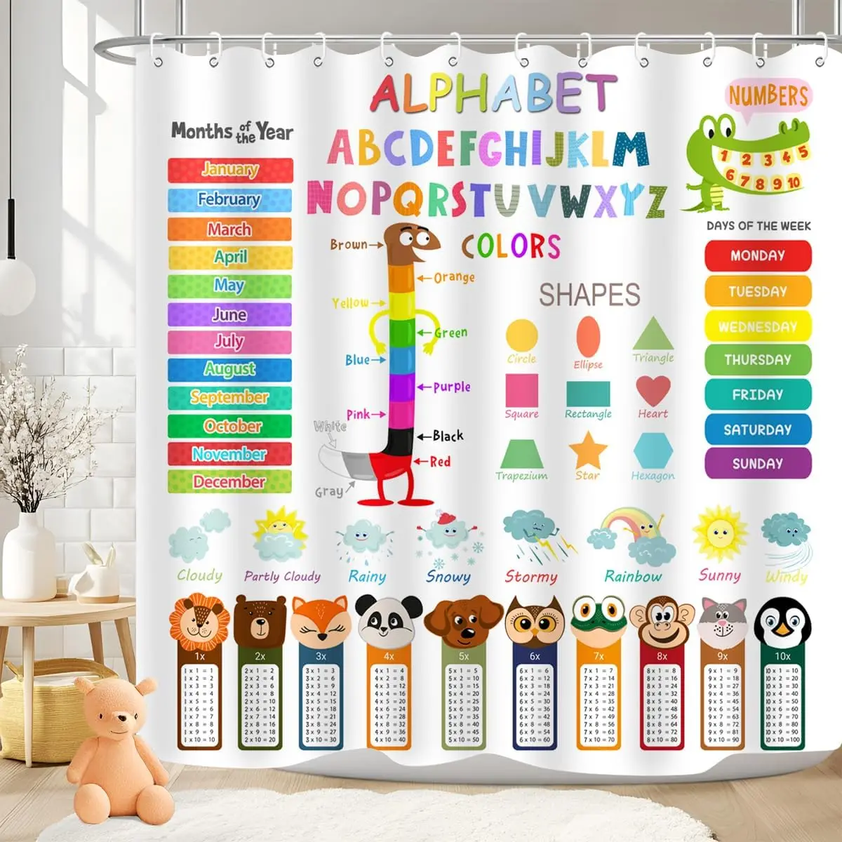 

Обучающая шторка для душа ABC: Забавные мультяшные животные, цвета, формы, погода, таблица умножения для девочек и мальчиков