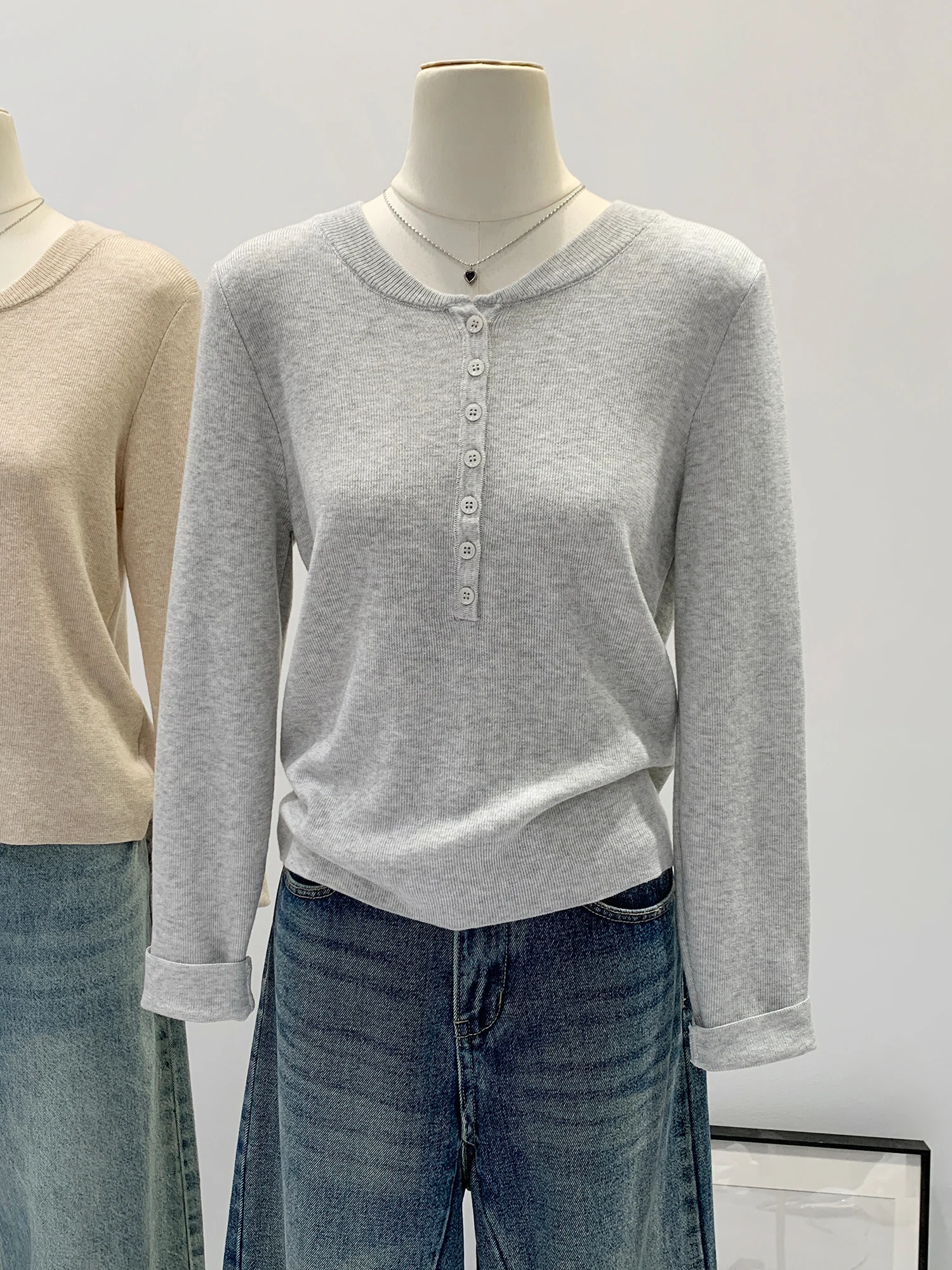Henry Collar Knitted Base Shirt Women's Autumn Winter New Style Fashion Slim Fit Oats Color Long Sleeve Inner Wear Top