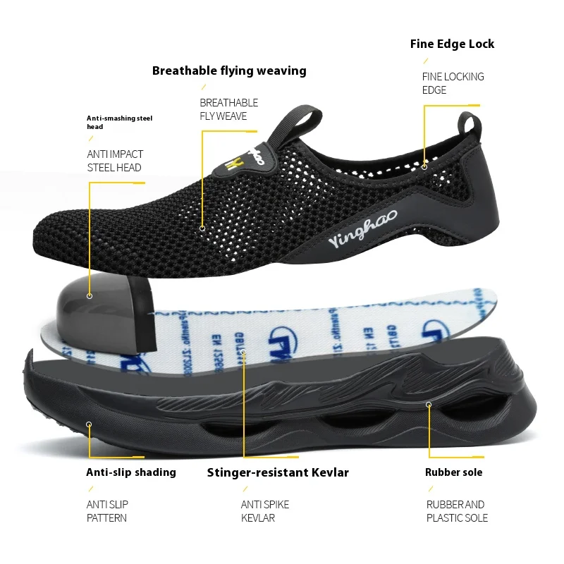 Lightweight safety shoes with large mesh, breathable, odor resistant, impact resistant, puncture resistant, and soft work shoes