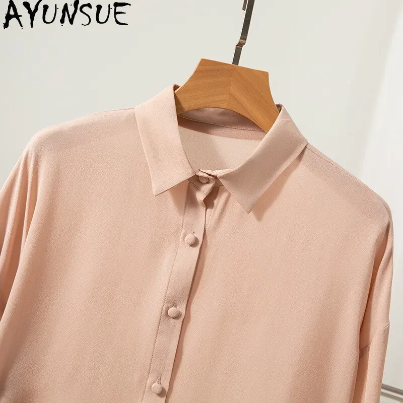

AYUNSUE 100% Silk Women's Blouses and Shirts Long Sleeve Tops for Woman Solid Color Slackness Blouse Woman Clothes Ropa De Mujer