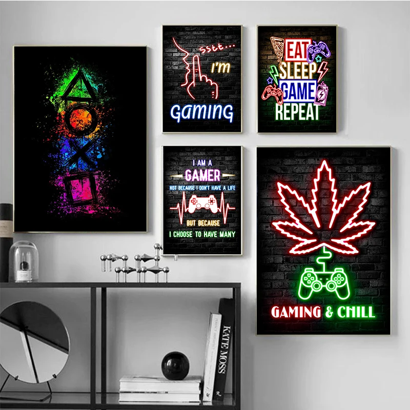 Cool Cat and Gaming Controller Quotes Poster Prints Modern Canvas Painting for Wall Art Mural Gamer Boys Room Decor (Not Led)