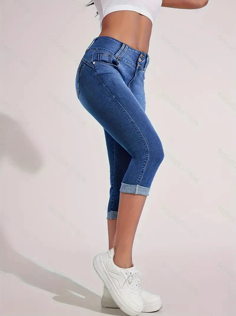 ZMTUO ผู้หญิง DENIM เอวสูง Capris รีด Hem คู่ปุ่ม Skinny Fit อินเทรนด์สบายๆฤดูร้อน Essential กางเกงยีนส์
